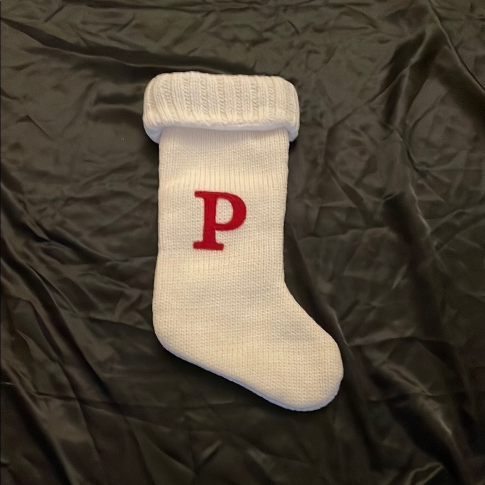 White Knit Stocking with Red P Initial